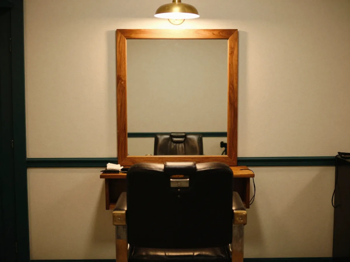 Fotel fryzjerski przed lustrem w salonie U Oli, zapalona mosiężna lampa